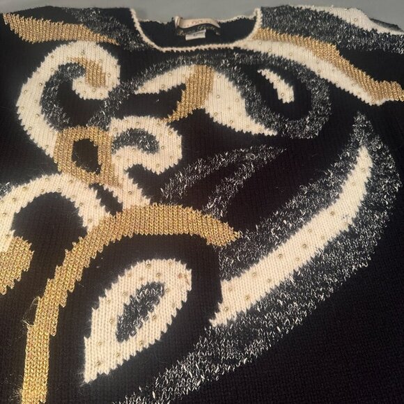 Dana Scott Sweater Women Tunic Vintage Beaded Angora Wool Blend Gold Graphic - Picture 4 of 14